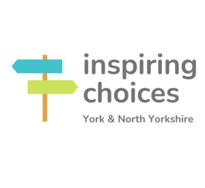 Inspiring Choices, York and North Yorkshire. Signpost with a blue arrow pointing left and a green arrow pointing right.